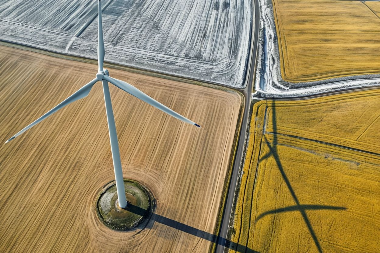 aerial view of agricultural landscape with wind turbines